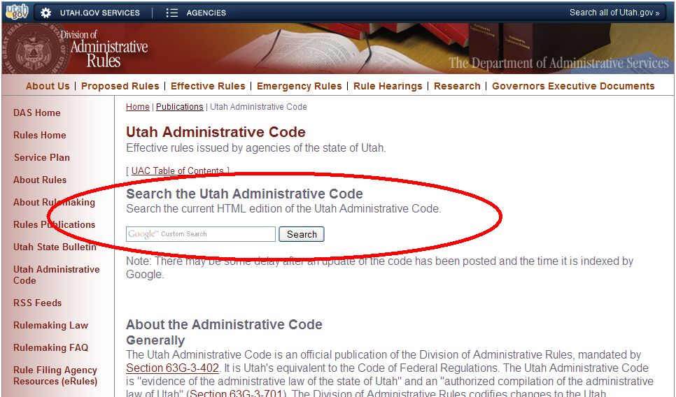 Utah Administrative Code Google Custom Search Feature