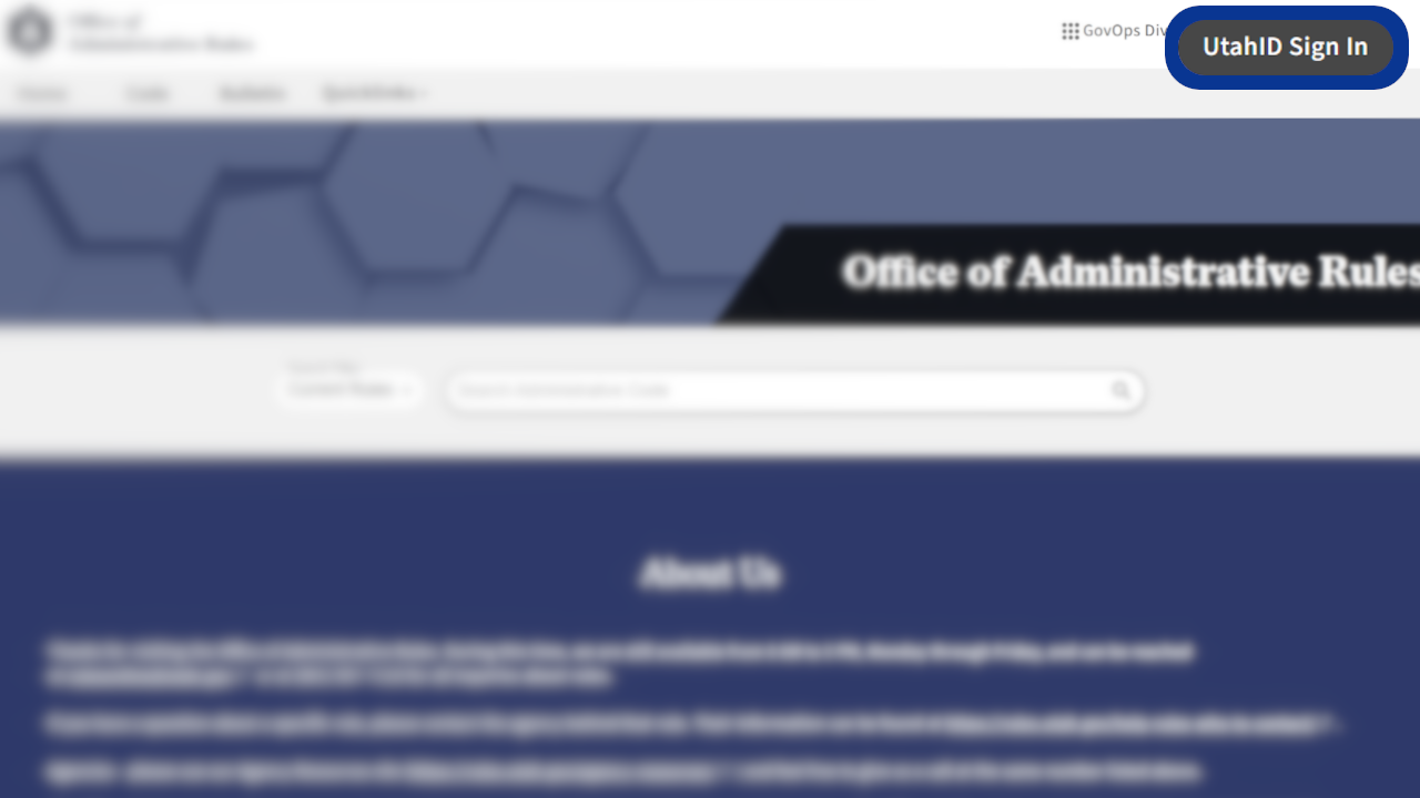 Screenshot of the Office of Administrative Rules's website with UtahID Sign In button highlighted.