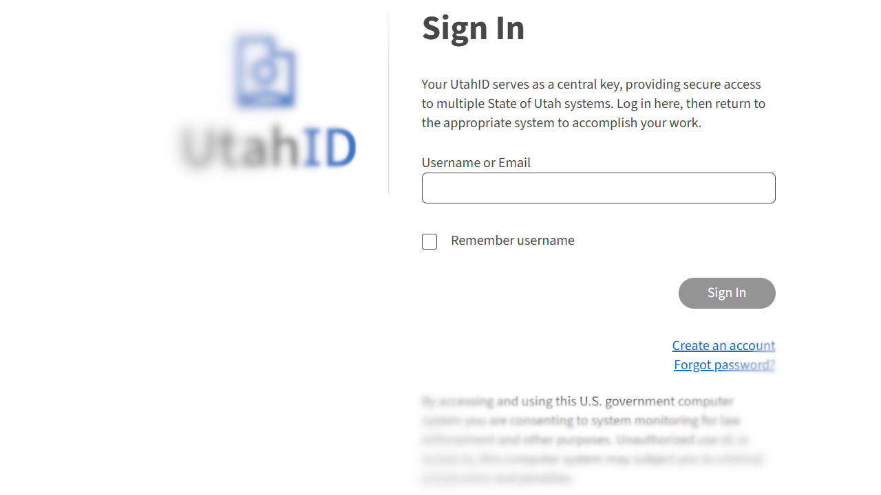 Screenshot of UtahID login with focus on the username prompt.