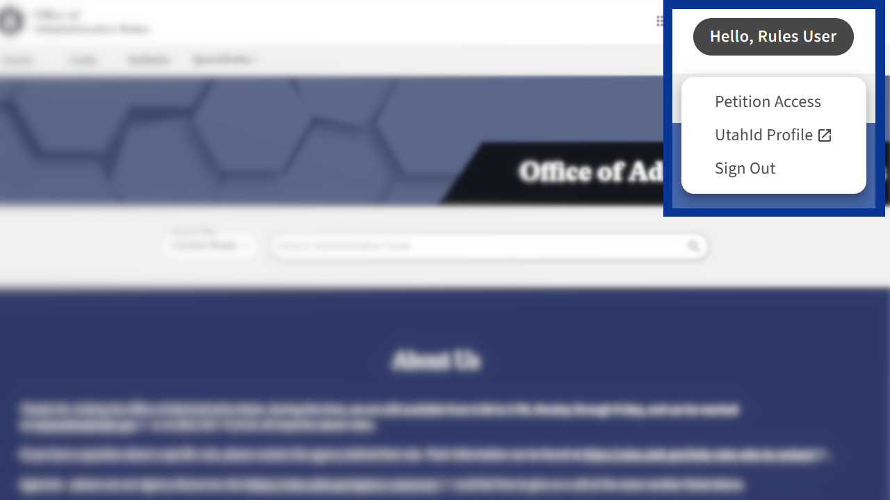 Screenshot of the eRules website with the user menu in focus.