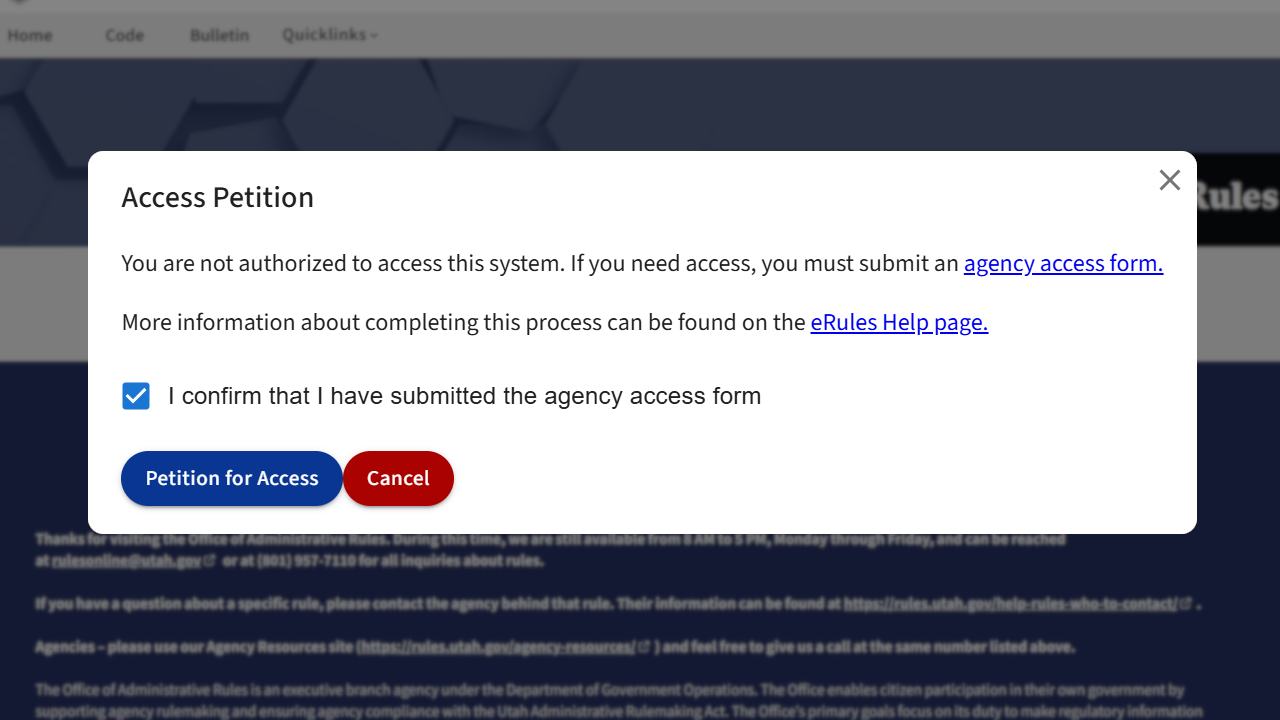 Screenshot of a prompt confirming the request for eRules access.