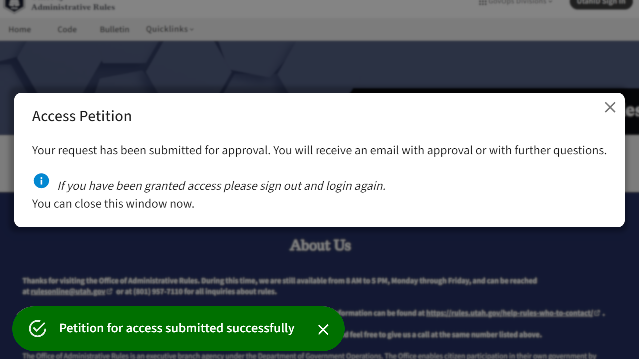 Screenshot of eRules petition confirmation.