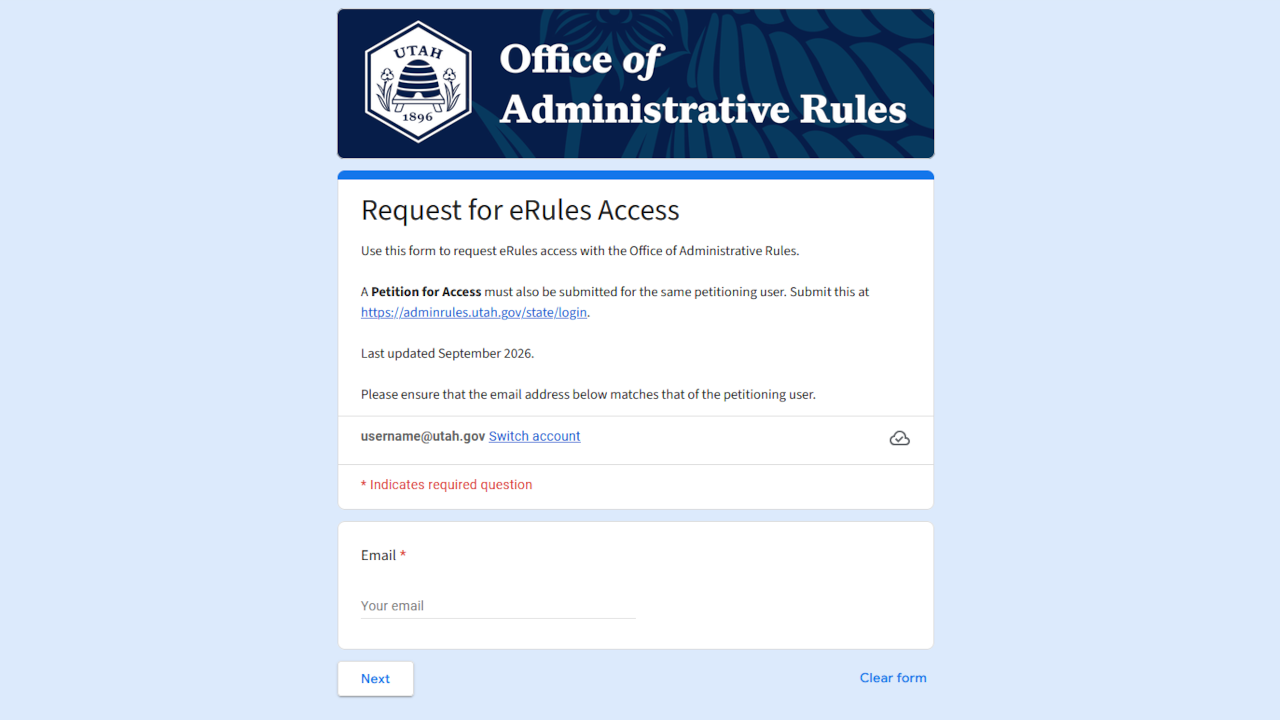 Screenshot of the opening page of an eRules access request form.