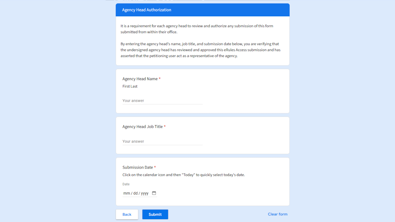 Screenshot of a form collecting information about an agency head.