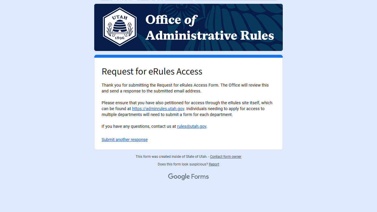 Screenshot of the submission confirmation of a form for requesting eRules access.
