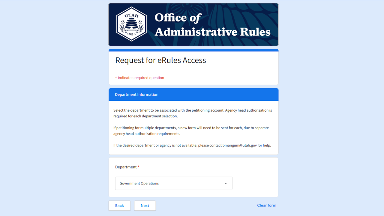 Screenshot of a form asking for department information.