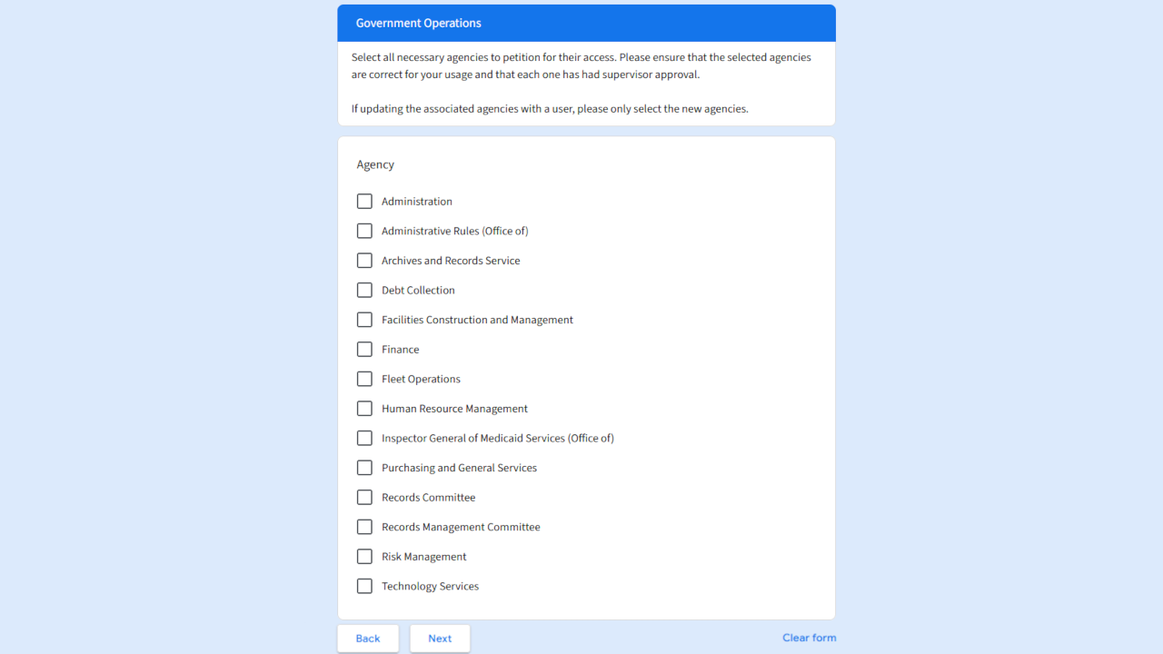 Screenshot of a form asking for a specific agency under a department.