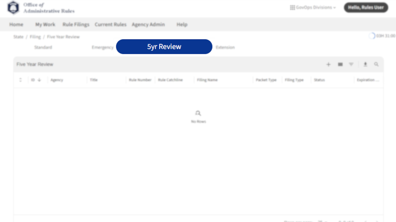 Screenshot of eRules with the Rule Filings tab in focus.