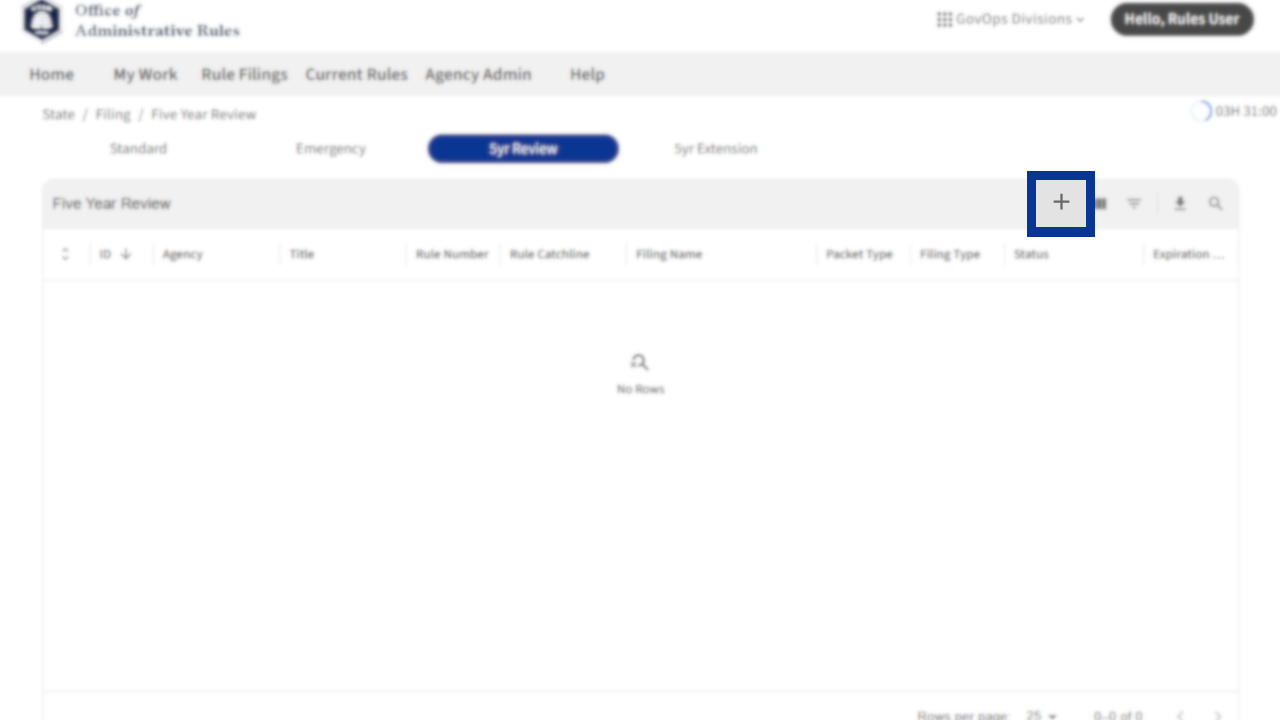 Screenshot of eRules with the Rule Filings tab and the + button in focus.