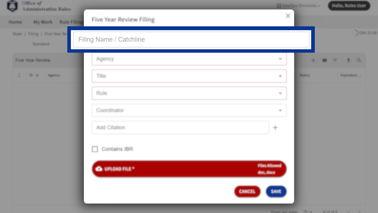 Screenshot of eRules with the filing detail pane in focus.