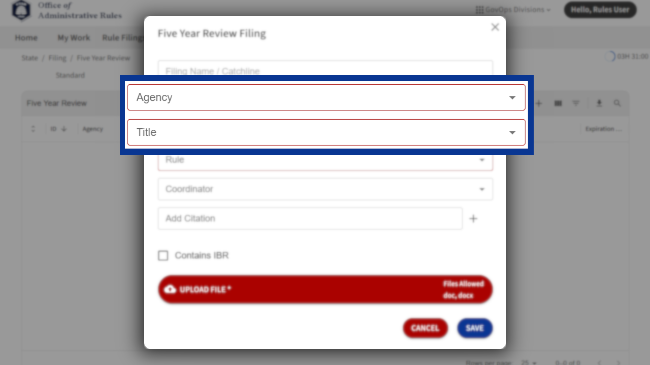 Screenshot of eRules with the filing detail pane in focus.
