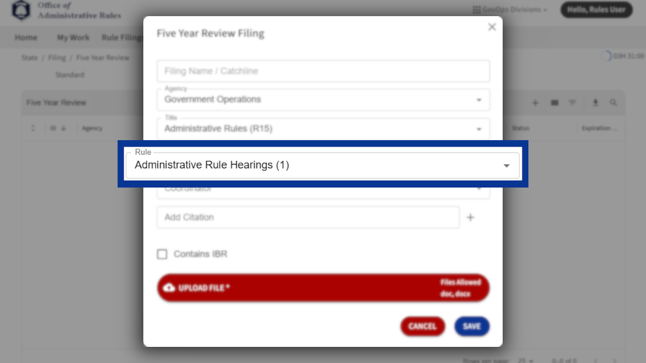 Screenshot of eRules with the filing detail pane in focus.