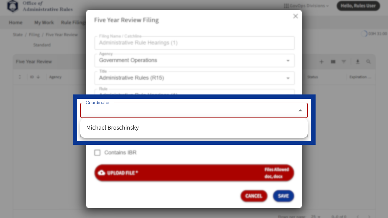 Screenshot of eRules with the filing detail pane in focus.