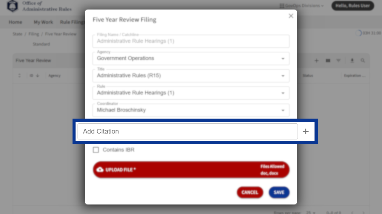 Screenshot of eRules with the filing detail pane in focus.