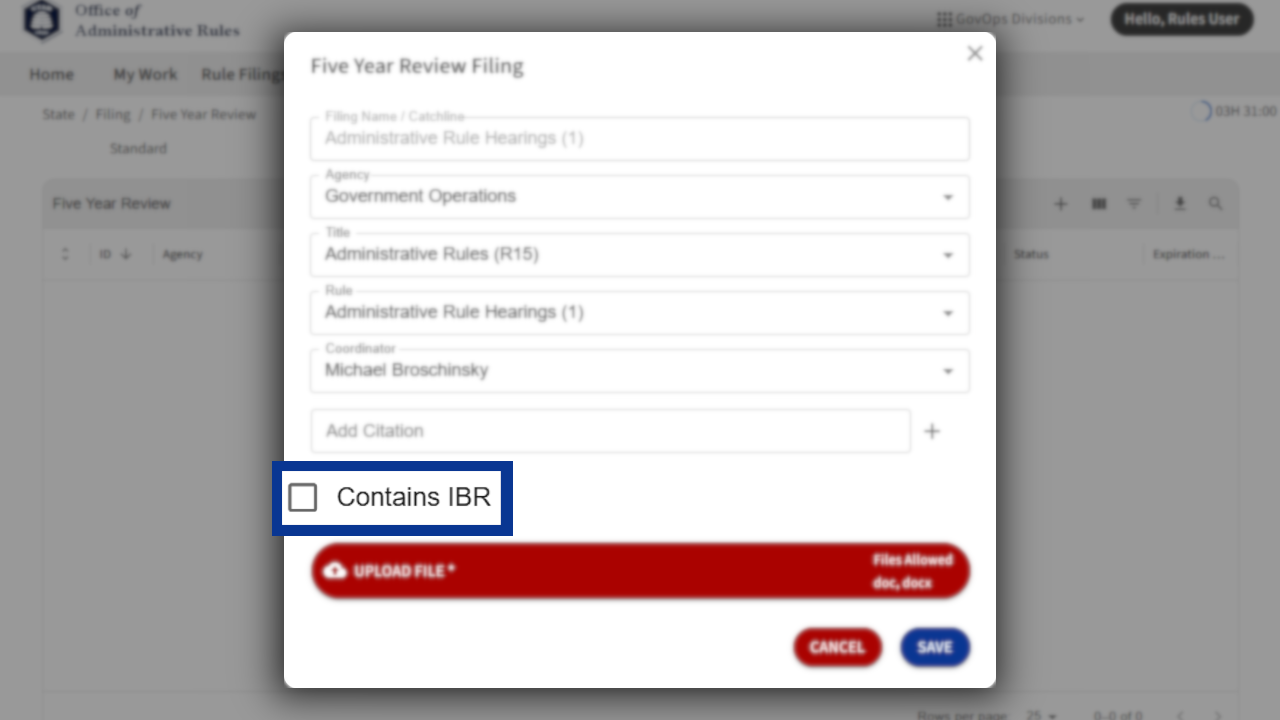 Screenshot of eRules with the filing detail pane in focus.