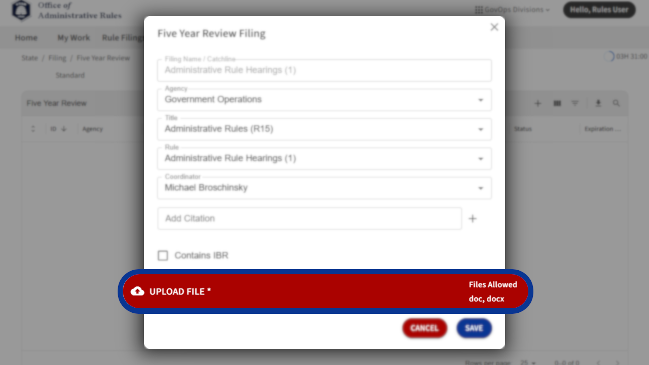 Screenshot of eRules with the filing detail pane in focus.