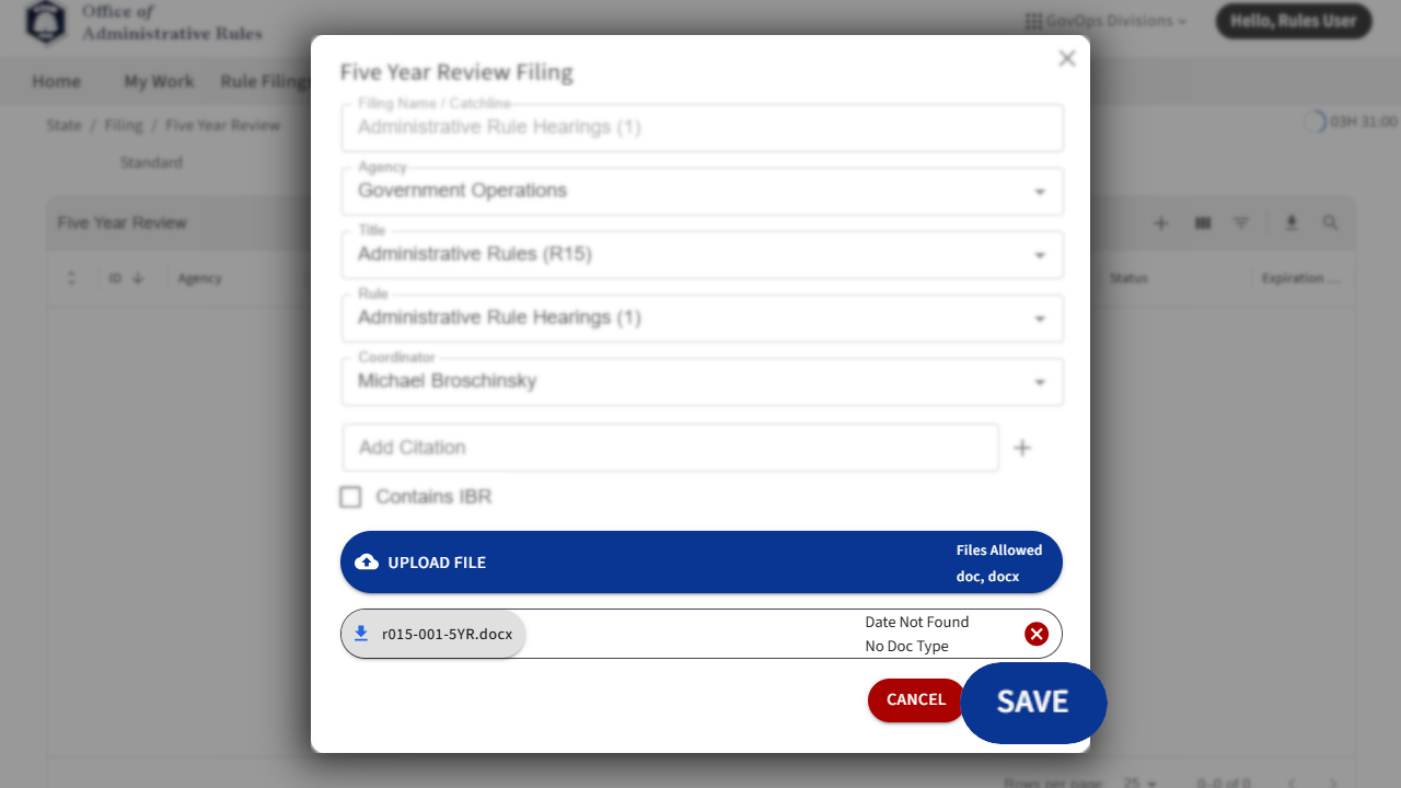 Screenshot of eRules with the filing detail pane in focus.