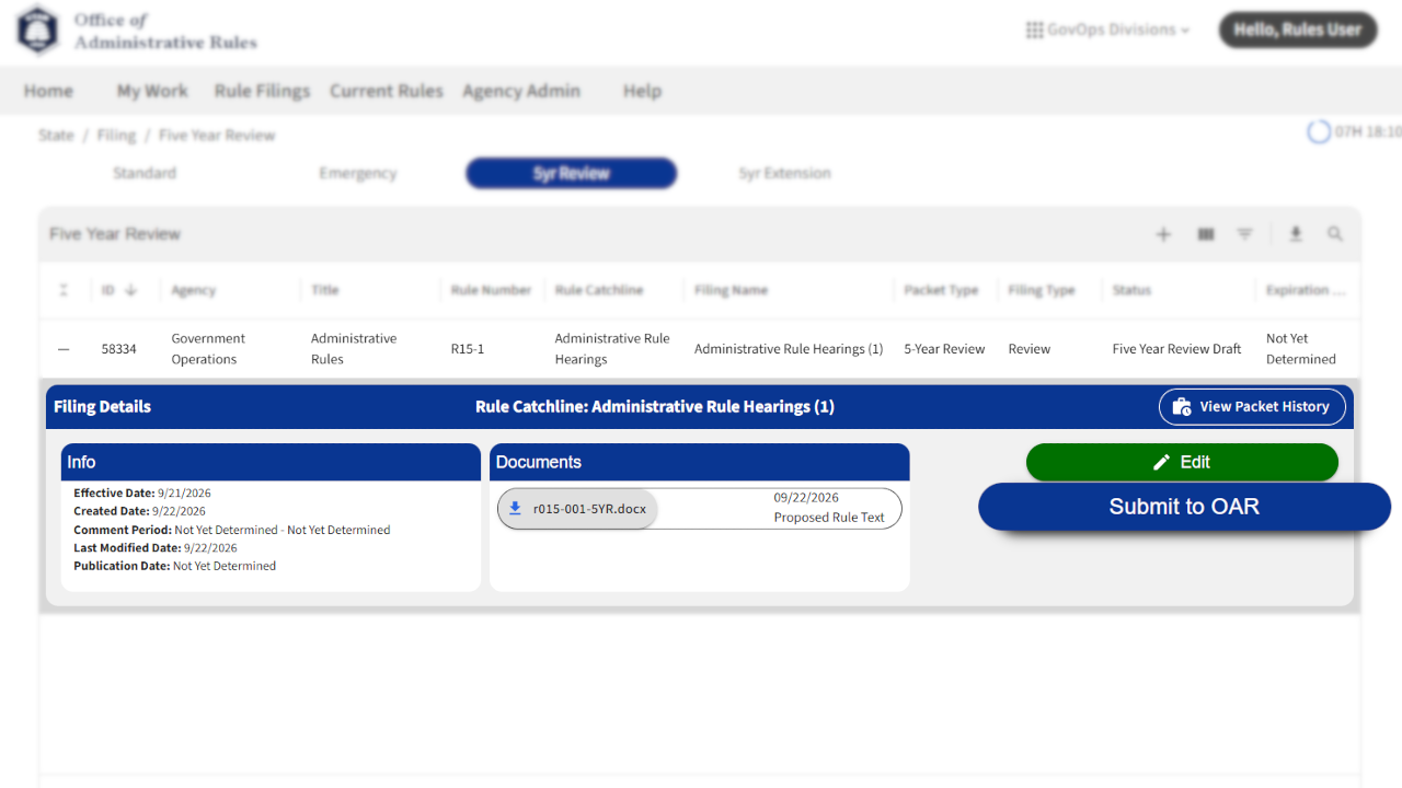 Screenshot of eRules with the submit to rules checkbox in focus.