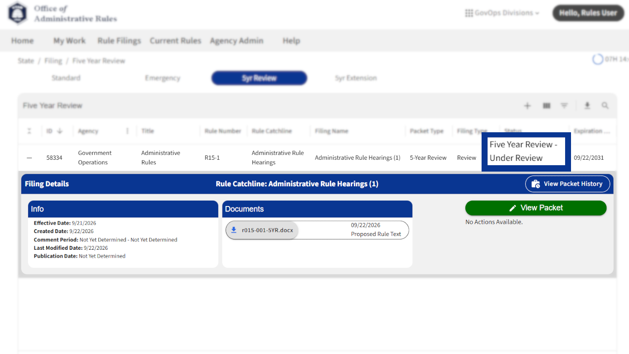 Screenshot of eRules with the filing detail pane in focus.