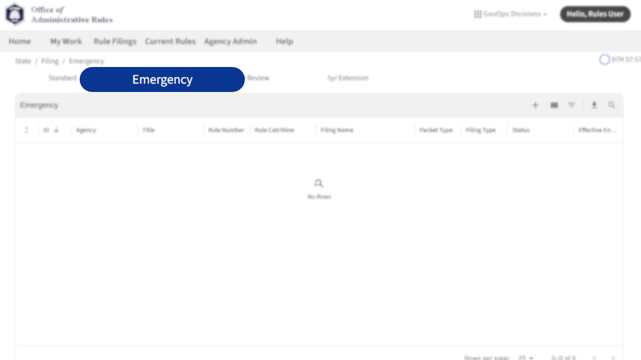 Screenshot of eRules with the Rule Filings tab in focus.