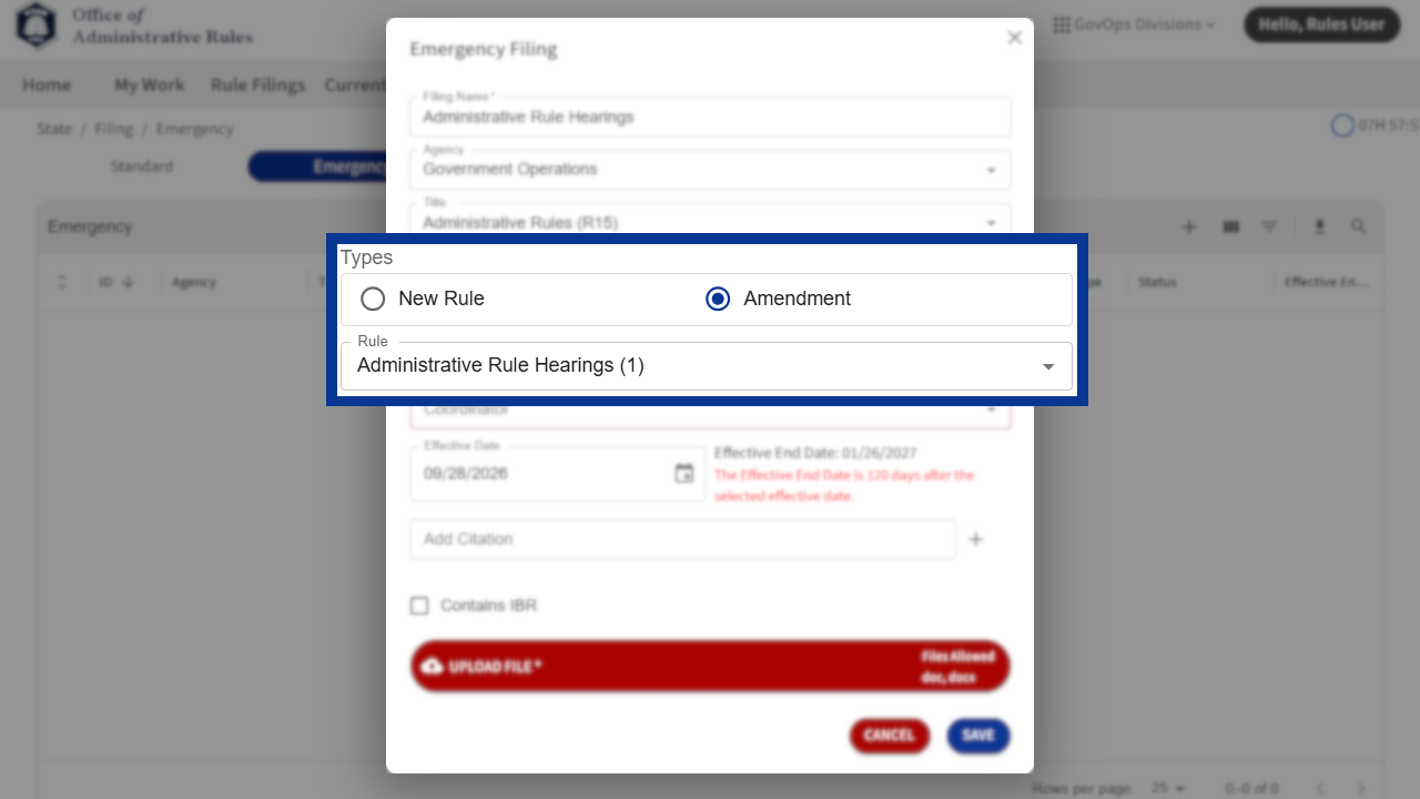 Screenshot of eRules with the filing details pane in focus.