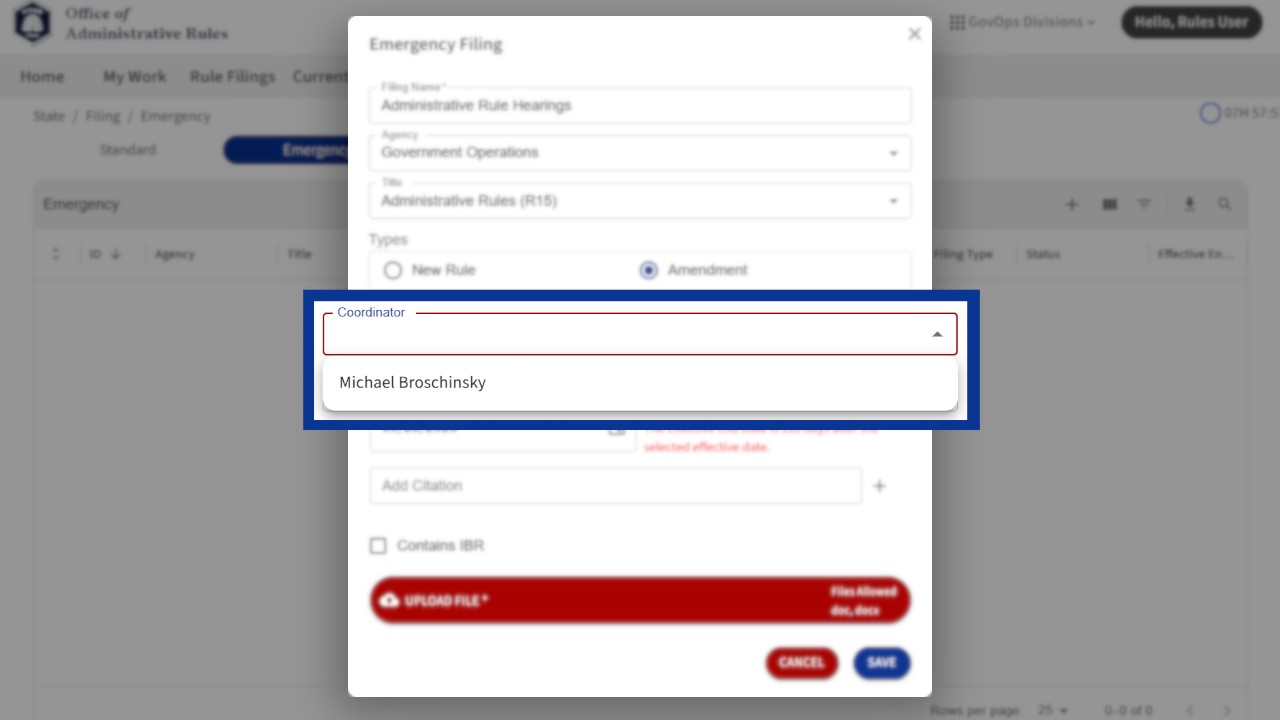 Screenshot of eRules with the filing details pane in focus.