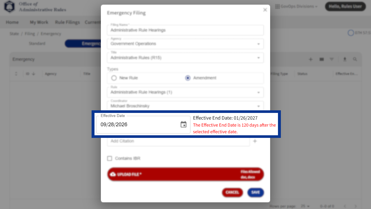 Screenshot of eRules with the filing details pane in focus.