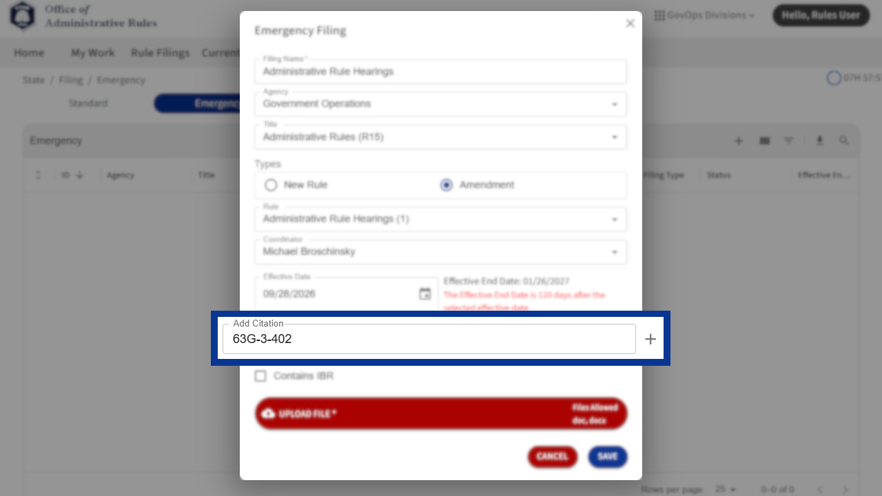 Screenshot of eRules with the filing details pane in focus.