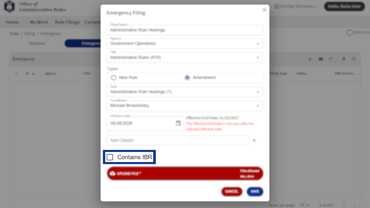 Screenshot of the Rule Filing Management window in eRules with the IBR section in focus.