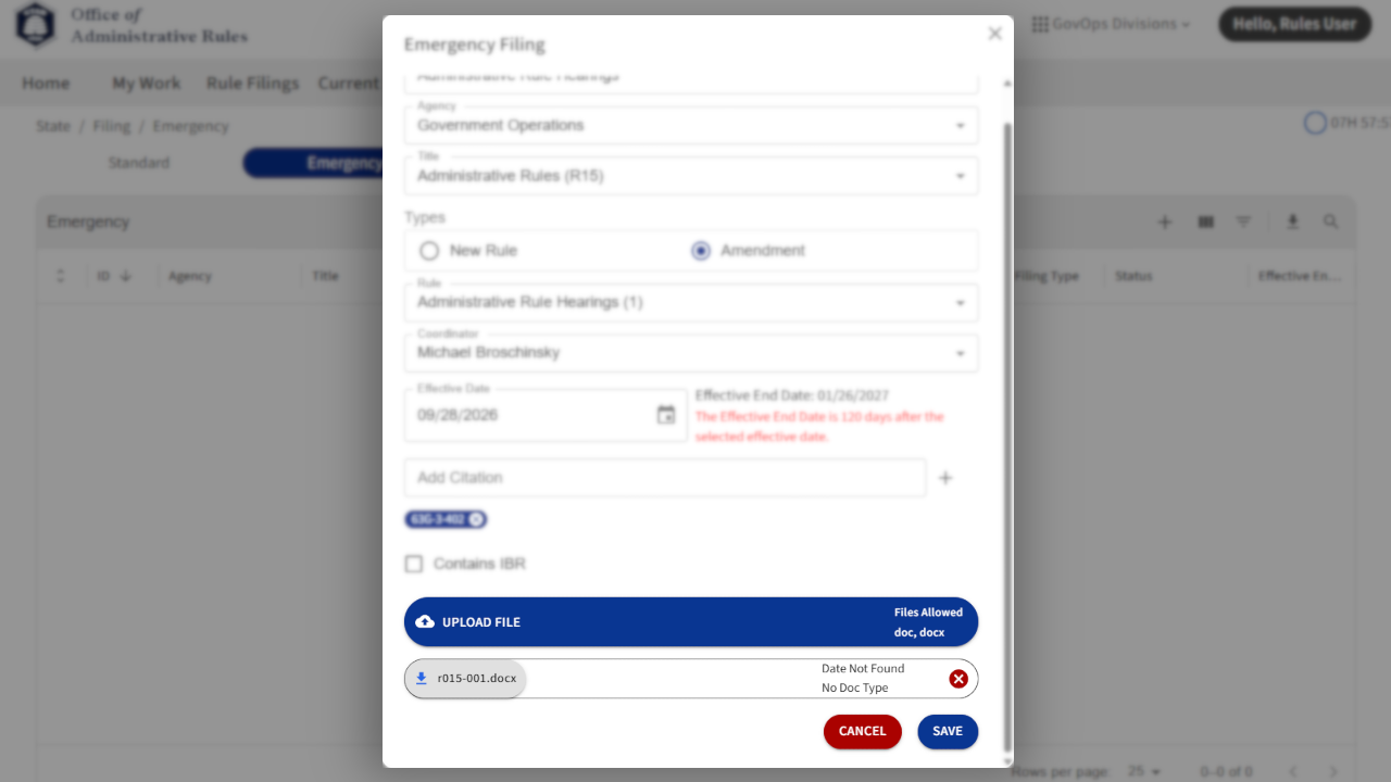 Screenshot of eRules with the filing details pane in focus.
