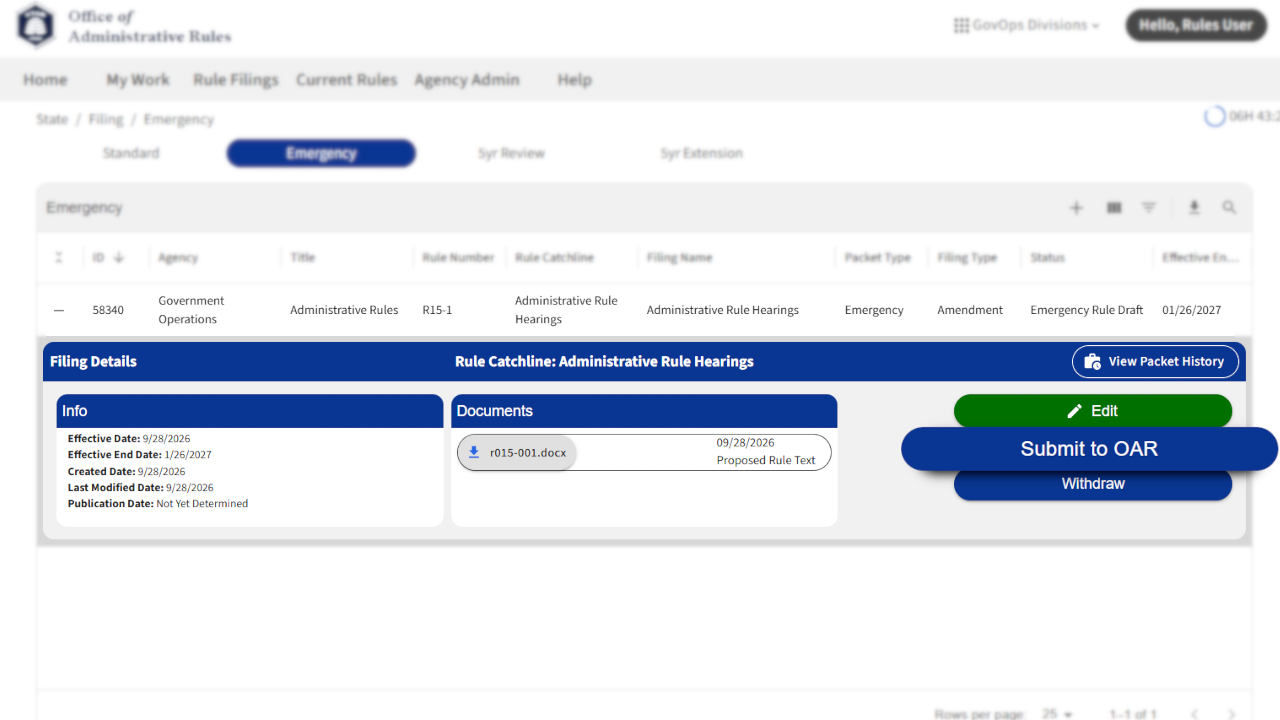 Screenshot of eRules with the filing details expanded.