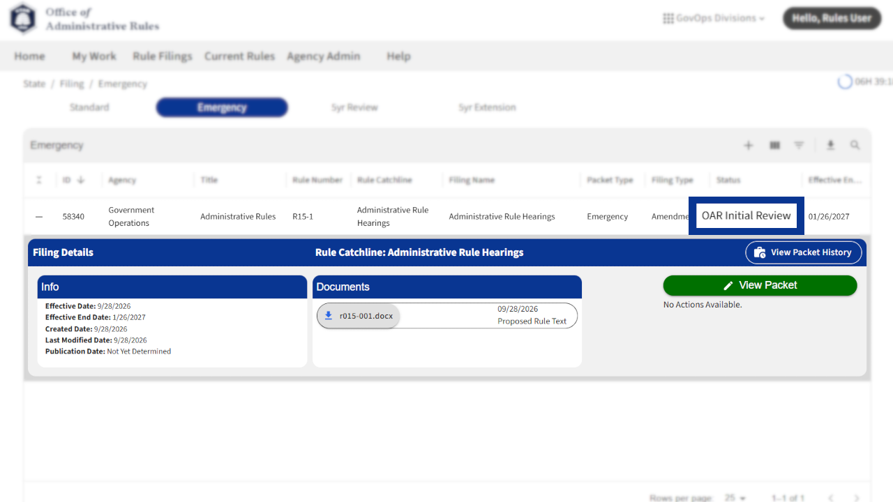 Screenshot of eRules with the filing details expanded.