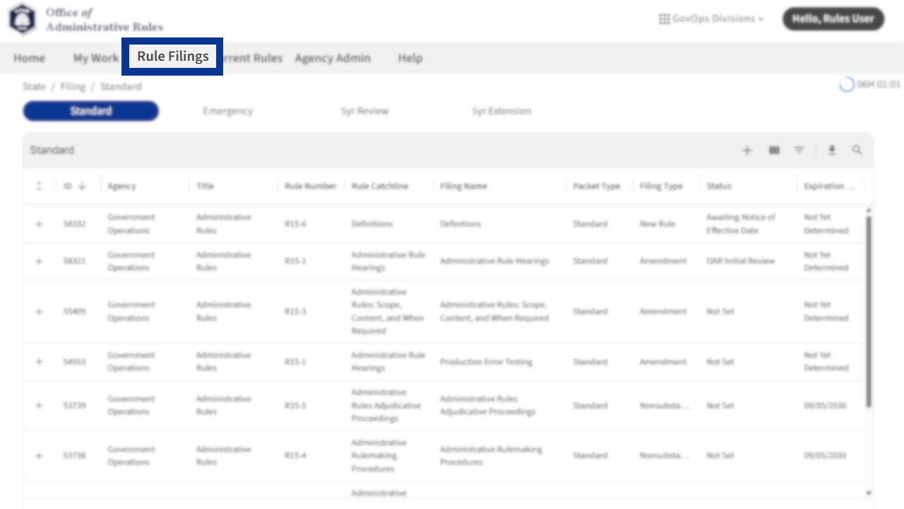Screenshot of eRules with the Rule Filings tab in focus.