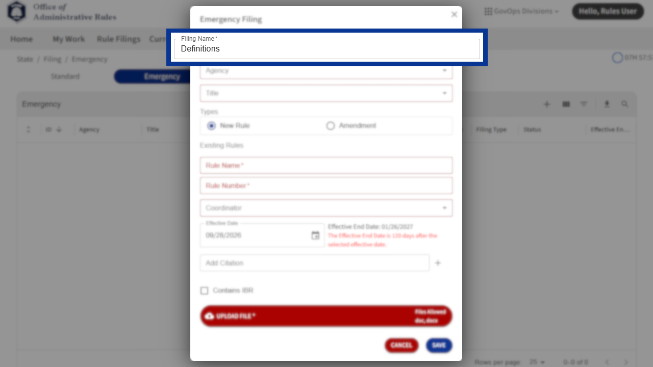 Screenshot of eRules with the filing details window in focus.