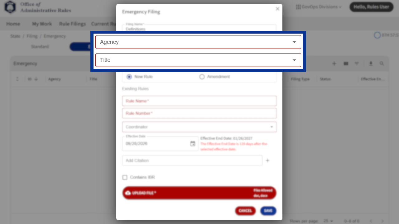 Screenshot of eRules with the filing details window in focus.