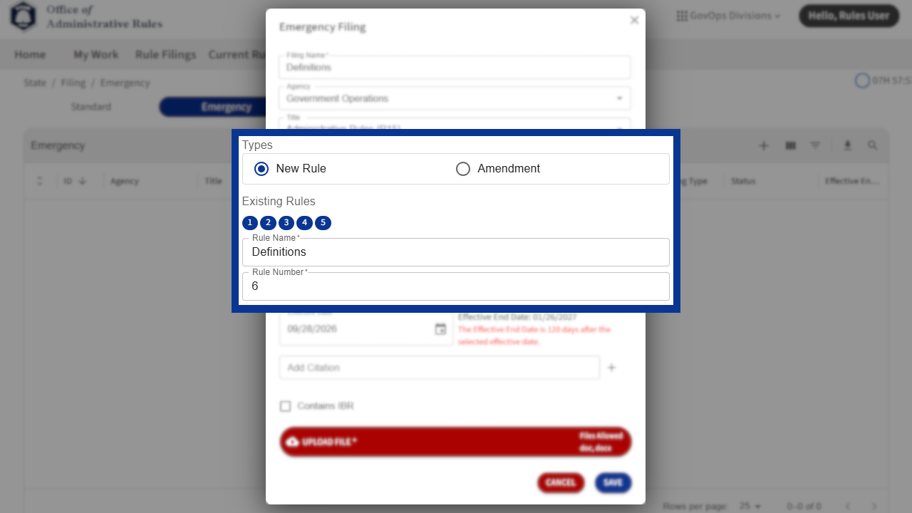 Screenshot of eRules with the filing details window in focus.