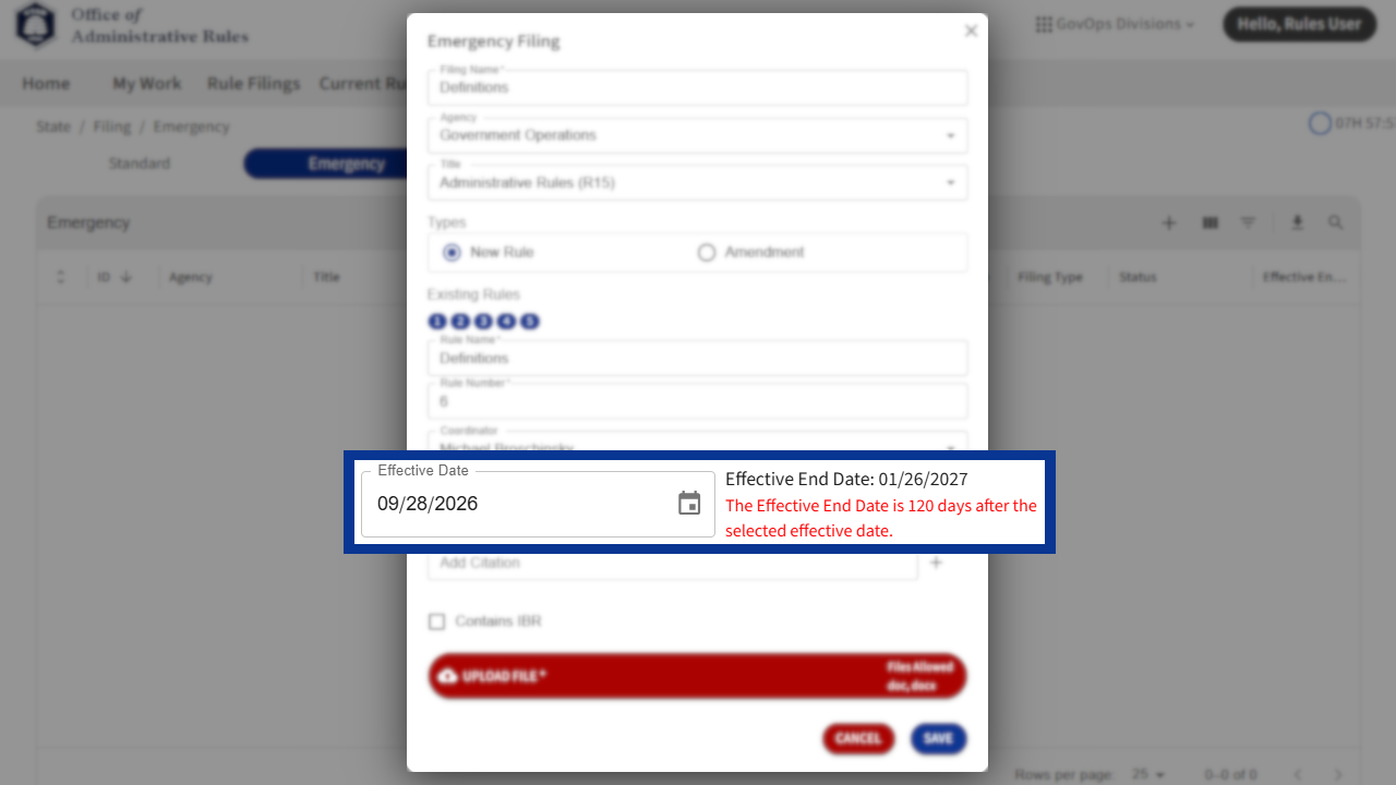 Screenshot of eRules with the filing details window in focus.