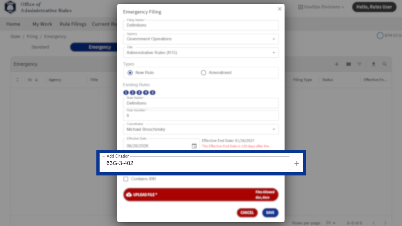 Screenshot of eRules with the filing details window in focus.