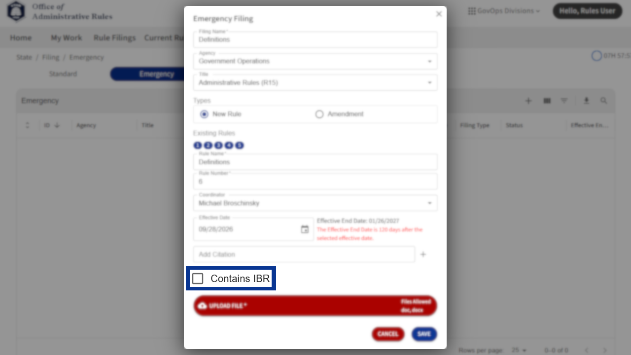Screenshot of eRules with the filing details window in focus.
