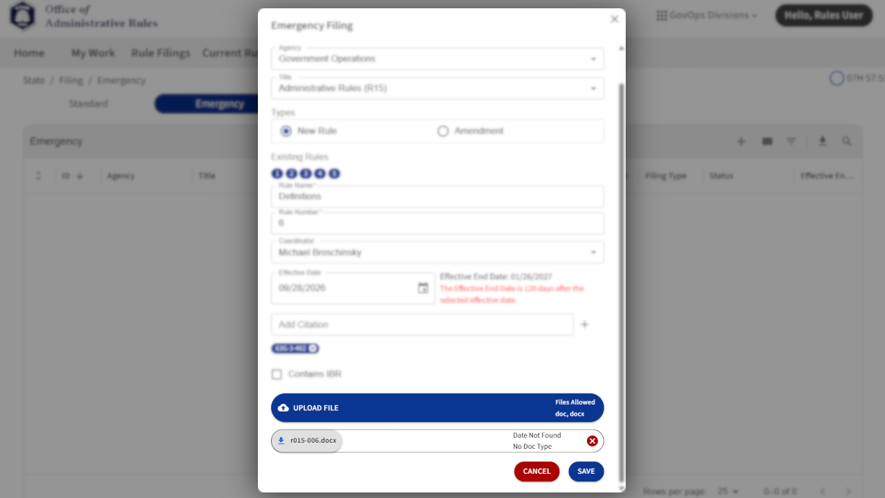 Screenshot of eRules with the filing details window in focus.