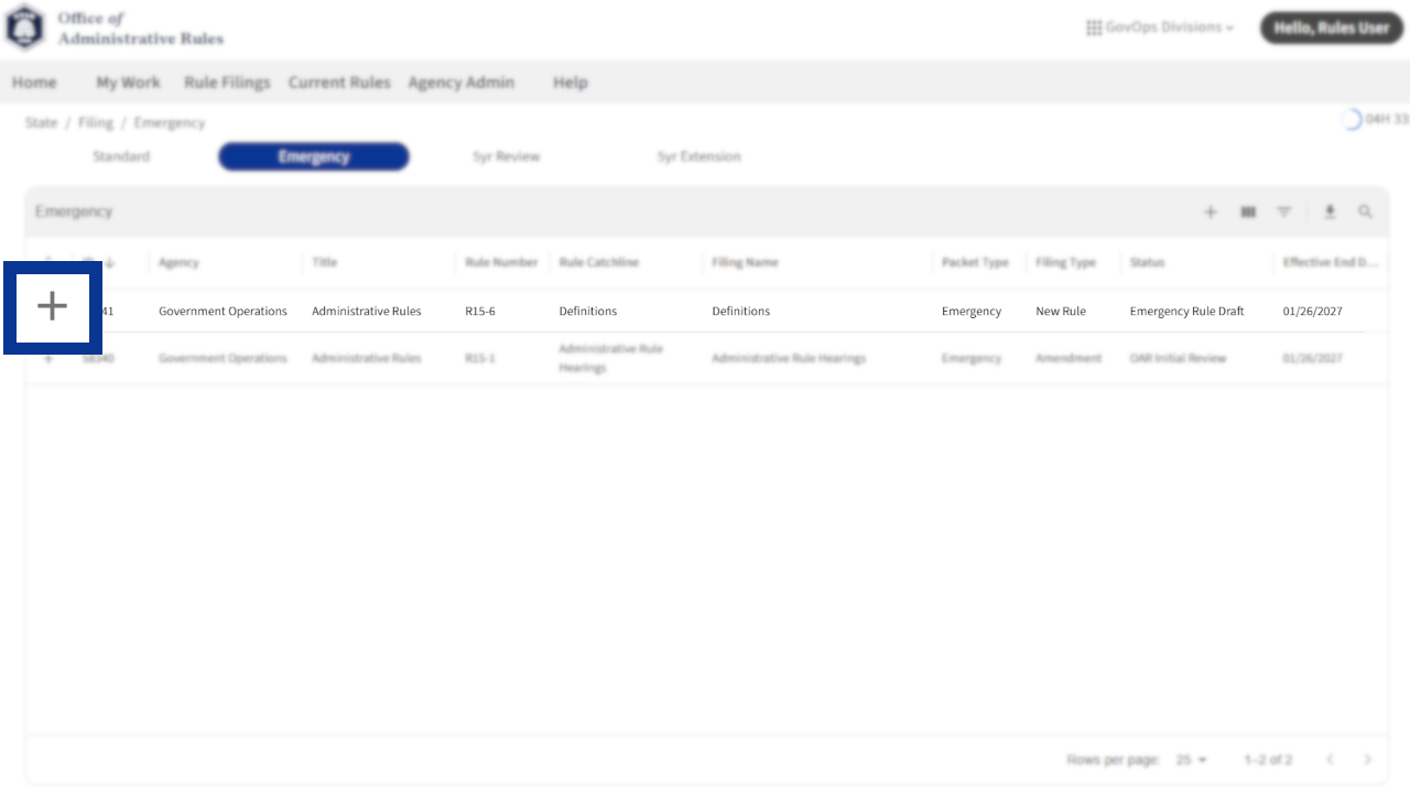 Screenshot of eRules with the Rule Filings tab in focus.