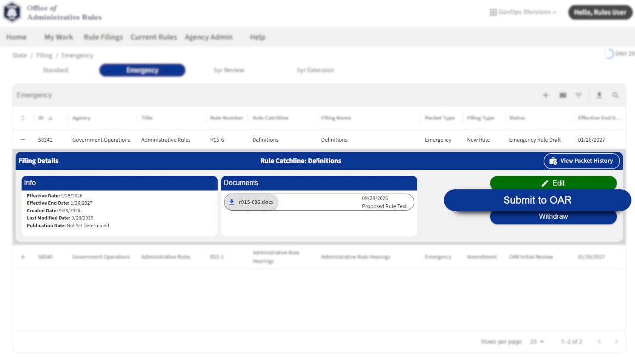 Screenshot of eRules with the Filing Details window in focus.